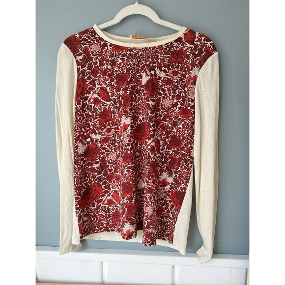 Tory Burch Roanan Kyoto Top Tee Size Med Floral Butterfly Long Sleeve Silk Front - Picture 2 of 4